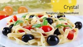  Presentation with spaghetti - Beautiful PPT theme featuring spaghetti with tomatoes olives and basil leaves on plate on wooden background backdrop and a yellow colored foreground