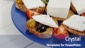  Presentation with blue cheese - Theme with spain olives tomatoes and cutlery background and a ocean colored foreground