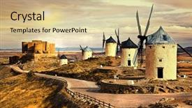  Presentation with windmills - Colorful presentation design enhanced with spain travel - pink sunset over cosuegra windmills backdrop and a lemonade colored foreground