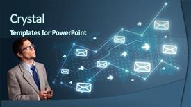  Presentation with cutout paper people standing around globe holding hands - Colorful presentation theme enhanced with spam emails - attractive young man standing backdrop and a ocean colored foreground