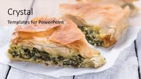  Presentation with cheese pie - Slide deck with spanakopita greek phyllo pastry pie background and a coral colored foreground