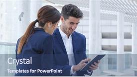  Presentation with multicultural people together - Slide deck with spaniard - business people using tablet together background and a  colored foreground