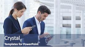  Presentation with phone - Colorful slides enhanced with spaniard - businessman and businesswoman using mobile backdrop and a ocean colored foreground