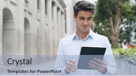  Presentation with kitten computer - Slide deck with spaniard - businessman reading on tablet computer background and a light blue colored foreground