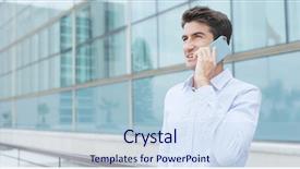  Presentation with talk - Beautiful PPT theme featuring spaniard - businessman talk to cellphone backdrop and a sky blue colored foreground