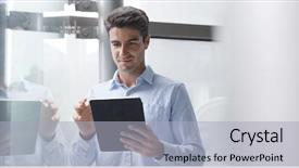  Presentation with digital - Presentation design consisting of spaniard - businessman use of digital tablet background and a light gray colored foreground
