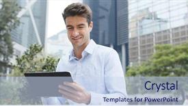  Presentation with tablet - Colorful slide set enhanced with spaniard - caucasian business man use backdrop and a sky blue colored foreground