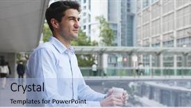  Presentation with coffee cup - Slide set featuring spaniard - caucasian businessman look up background and a light blue colored foreground