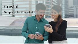  Presentation with phone - Theme enhanced with spaniard - caucasian couple using mobile phone background and a  colored foreground