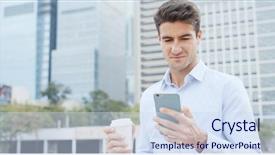  Presentation with coffee - Slide deck enhanced with spaniard - hispanic man using cellphone background and a sky blue colored foreground