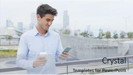  Presentation with coffee cup diary - Beautiful PPT theme featuring spaniard - man use of cellphone backdrop and a light blue colored foreground