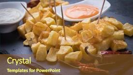  Presentation with tapas - Colorful PPT theme enhanced with spanich - patatas bravas spanish fried potato backdrop and a tawny brown colored foreground