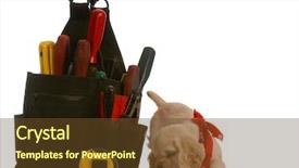  Presentation with puppy - PPT theme having spaniel puppy chewing on tools background and a  colored foreground