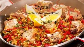  Presentation with spanish food - Beautiful theme featuring spanish food - paella with rabbit backdrop and a coral colored foreground