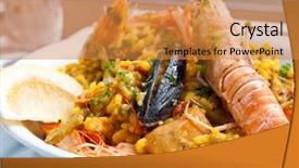  Presentation with prawn - Presentation with spanish food - prawn with rice - closeup background and a gold colored foreground