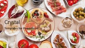  Presentation with mediterranean food - Slides with spanish food - tapas collection various cold meal background and a coral colored foreground