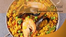  Presentation with seafood paella - PPT theme consisting of spanish-food-paella-seafood-platter background and a gold colored foreground