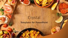  Presentation with chorizo - Presentation design featuring spanish-food-tapas-paella-olive background and a gold colored foreground