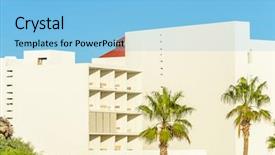  Presentation with house building - Slide deck featuring spanish house - fragment of a resort building background and a  colored foreground