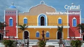  Presentation with mayan - Beautiful PPT theme featuring spanish house - la hacienda mayan riviera backdrop and a teal colored foreground
