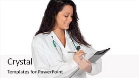  Presentation with isolated paw prints over white - Slide set having spanish medical - attractive brunette doctor with clipboard background and a  colored foreground