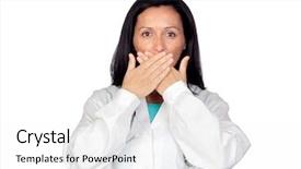  Presentation with mouth jaw bone - Theme with spanish medical - brunette doctor covering the mouth background and a white colored foreground