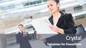  Presentation with office newspaper - PPT theme enhanced with business woman reading the newspaper background and a dark gray colored foreground