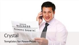  Presentation with talking on phone - Theme with businessman reading newspaper and talking background and a light gray colored foreground