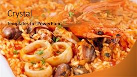  Presentation with seafood paella - PPT theme featuring seafood on white plate background and a gold colored foreground
