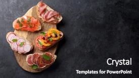  Presentation with appetizers - Audience pleasing slides consisting of spanish tapas appetizers italian antipasti backdrop and a dark gray colored foreground