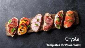  Presentation with appetizers - PPT layouts with spanish tapas appetizers italian antipasti background and a dark gray colored foreground