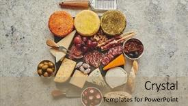  Presentation with appetizers - Colorful slides enhanced with spanish tapas or italian antipasti backdrop and a coral colored foreground