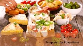  Presentation with spanish food - PPT theme featuring spanish-tapas-toast-with-prosciutto background and a red colored foreground