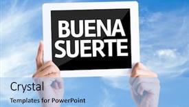  Presentation with good luck - Cool new slide deck with goodluck - tablet pc with text good backdrop and a light blue colored foreground