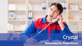  Presentation with project - Colorful presentation design enhanced with spares sales - worker in uniform working backdrop and a ocean colored foreground