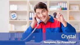  Presentation with working - Presentation design featuring spares sales - worker in uniform working background and a  colored foreground