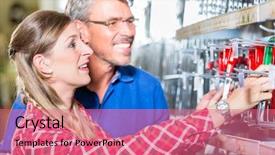  Presentation with wine shop and barrel - Amazing slides having spares sales - young woman asking shop assistant backdrop and a coral colored foreground