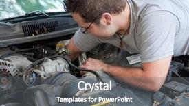  Presentation with mechanical crank v4 engine pistons - Theme consisting of spark plug - young mechanic working on car background and a gray colored foreground