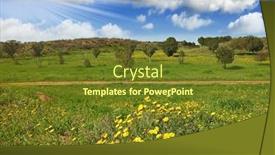  Presentation with sparkling - Presentation design featuring sparkling sun above magnificent cumulus clouds in the high spring sky the rural footpath crosses a meadow with green trees background and a tawny brown colored foreground