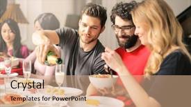  Presentation with dinner - Audience pleasing PPT layouts consisting of sparkling wine - friends having dinner together backdrop and a coral colored foreground