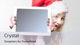  Presentation with christmas winter a table - Beautiful theme featuring spase - child in christmas hat backdrop and a sky blue colored foreground