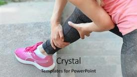  Presentation with leg pain - Colorful presentation design enhanced with spasm - young woman suffering from pain backdrop and a light gray colored foreground