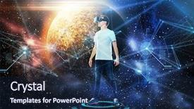  Presentation with augmented reality - Colorful slide deck enhanced with spatial perception - technology augmented reality network backdrop and a navy blue colored foreground