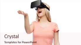  Presentation with virtual reality shooter - Audience pleasing PPT theme consisting of spatial perception - technology virtual reality entertainment backdrop and a  colored foreground