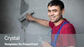  Presentation with concrete construction - Slide set with spatula in workwear make background and a gray colored foreground