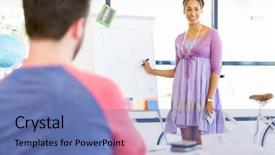  Presentation with employee anniversary work office - Colorful PPT layouts enhanced with speach - portrait of smiling afro-american office backdrop and a  colored foreground