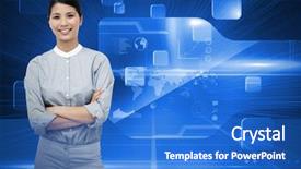  Presentation with science futuristic technology abstract - Slide set featuring speach - selfassured businesswoman with folded arms background and a  colored foreground