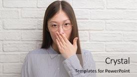  Presentation with brick wall - Slides enhanced with speak up - young chinese business woman background and a light gray colored foreground
