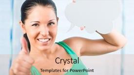  Presentation with cloud - Slide deck with speak up - young smiling brunette woman holding background and a  colored foreground