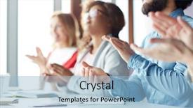  Presentation with conference table - Beautiful PPT layouts featuring greet audience - close-up of cheerful business people backdrop and a light blue colored foreground